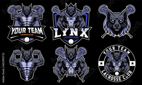lynx mascot lacrosse club Logo design with a mascot combination of a lynx head and half a body. set of logo combinations