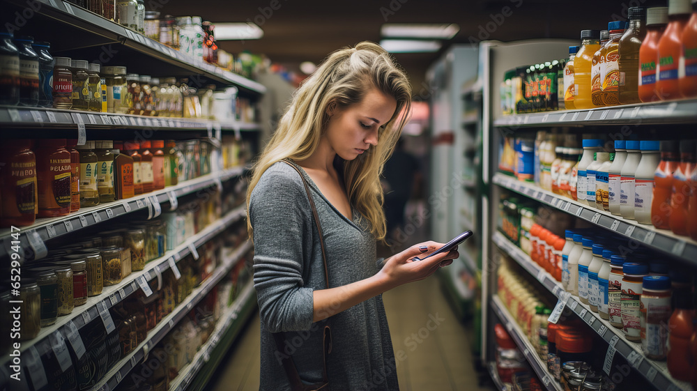 A woman at the grocery store checks her shopping list on her smartphone. Generative AI