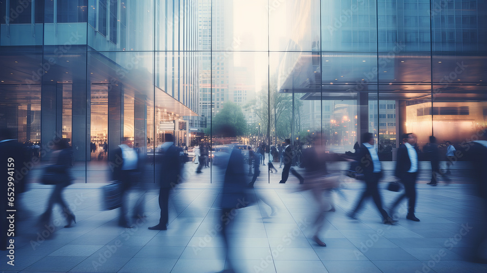 Obraz premium Blurred people walking the corporate area street . Generative AI