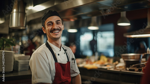 Smiling cook in the kitchen of the restaurant. Generative AI