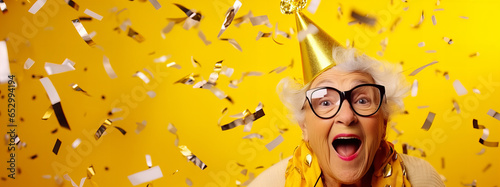 Cheerful grandmother celebrating the New Year, 2026 copy space.