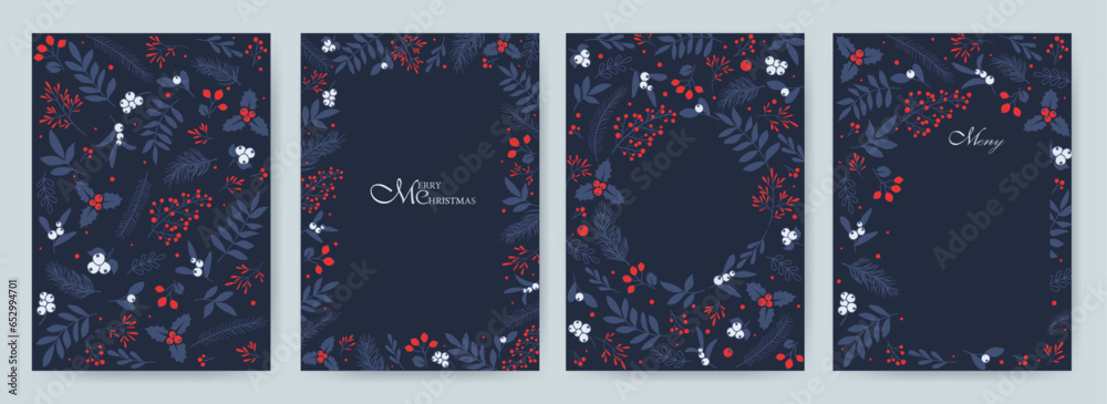 Vertical holiday cards in blue tones. Merry Christmas, holiday templates with ornate Christmas ornament, floral background. Suitable for fabric, cards, invitations, background, menu. - obrazy, fototapety, plakaty 