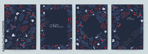 Vertical holiday cards in blue tones. Merry Christmas, holiday templates with ornate Christmas ornament, floral background. Suitable for fabric, cards, invitations, background, menu.