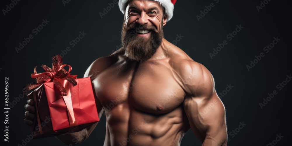 Obraz premium Sexy Happy Muscular man in Santa Hat with Red Gift Box. Modern Santa Claus Bodybuilder gives a Christmas Present. Merry Christmas and Happy New Year, holiday background
