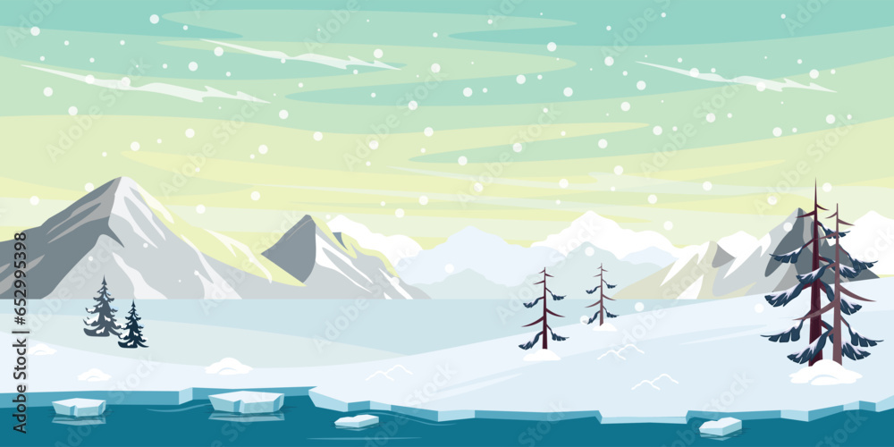 Vector illustration of a beautiful winter landscape with mountains. Cartoon scene with wonderful snowy mountains, a plain and Christmas trees, a frozen river with ice and snowflakes in a pastel sky.