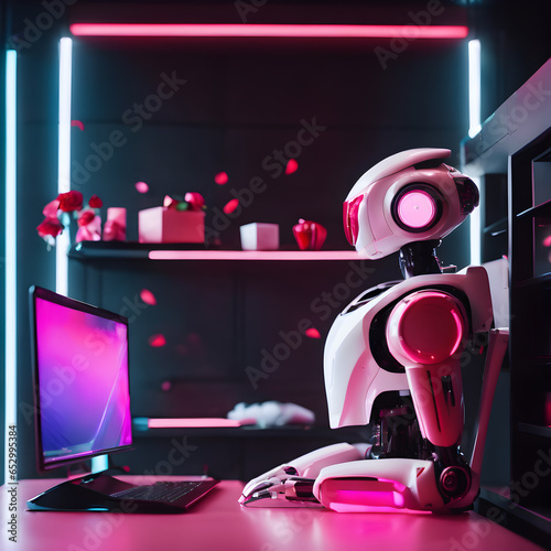 robot with laptop computer and busy with work, music, party, dj, computer, disco, sound, illustration, technology, design, flyer, vector, speaker, icon, club, dance, audio, event, equipment, studio