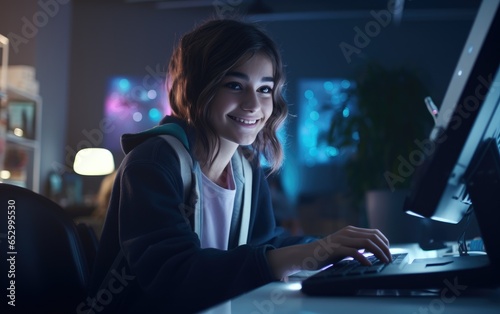 Smiling teenager girl is typing on desktop computer keyboard. Generative AI