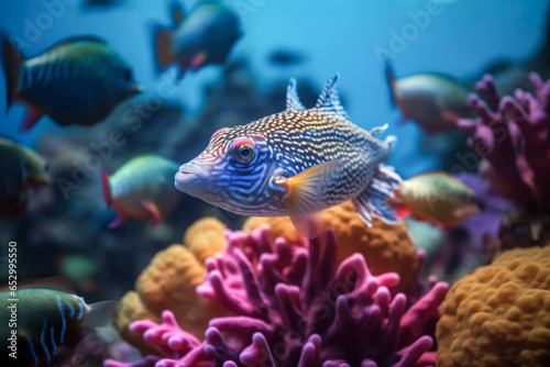 Group of colorful fish and sea animal with coral reef close-up.Undersea world