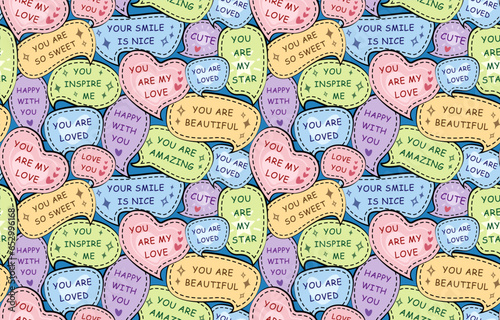 Seamless pattern with colorfull speech bubbles. Cute stickers with motivational compliment phrases, love quotes. Vector illustration for wrapping paper, decor, cards, backgrounds. Print design textile