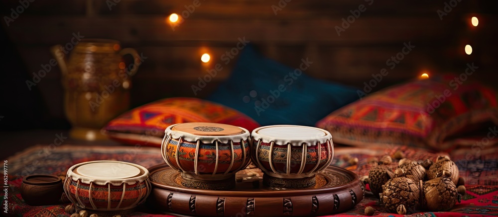 Tabla an Indian musical instrument in the chill out interior - obrazy, fototapety, plakaty 