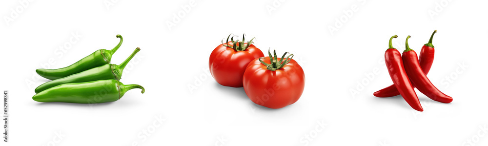 collection of organic red tomatoes and green chili pepper vegetable isolated on transparent png background with shadows, for online menu shopping list ready for any background collection of organic red tomatoes and green chili pepper vegetable isolated on transparent png background with shadows, for online menu shopping list ready for any background