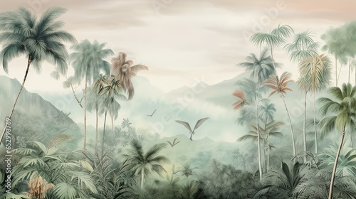 Tropical Exotic Landscape Wallpaper. Hand Drawn Design. Luxury Wall Mural