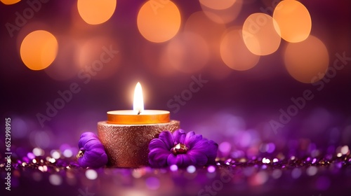 Diwali purple diya lamp with golden confetti and bokeh. Festive background.