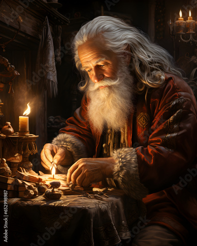 Santa wrapping gifts by candlelight