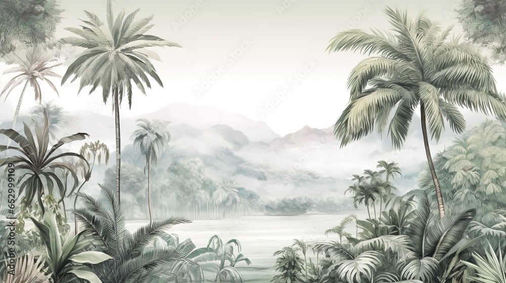 Tropical Exotic Landscape Wallpaper. Hand Drawn Design. Luxury Wall Mural - obrazy, fototapety, plakaty 