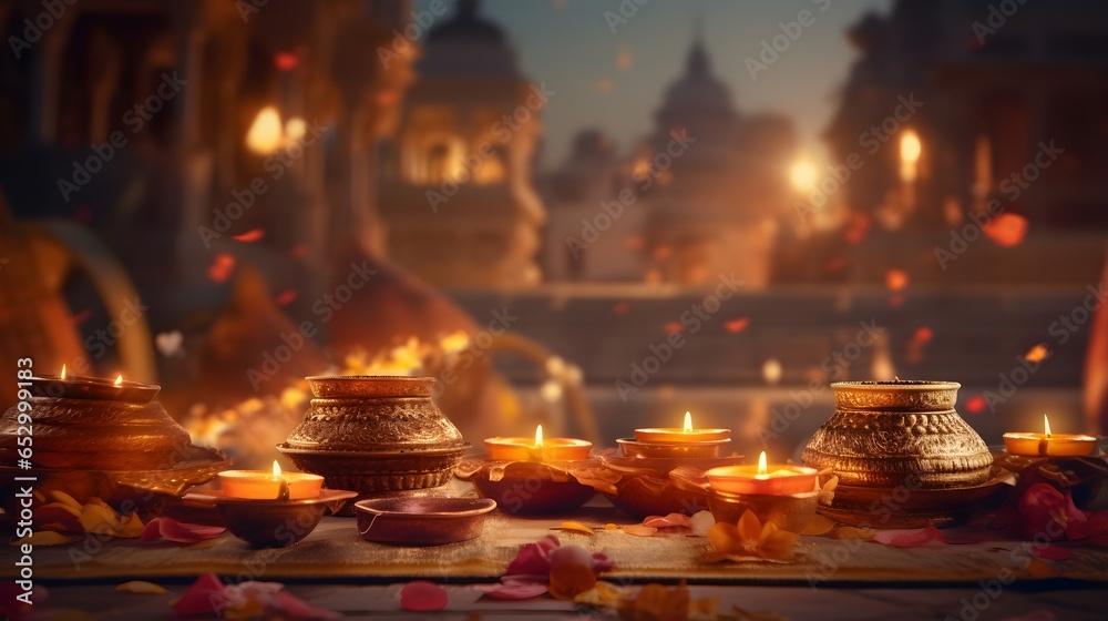 Close up golden lamps and candles on the ground. Autumn background. Close up golden lamps and candles on the ground. Autumn background.