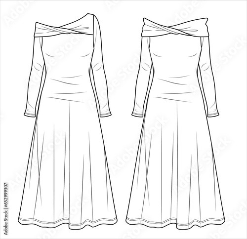 Vector maxi bohemian dress fashion CAD, woman flared off shoulder long dress technical drawing, template, sketch, flat, mock up. Jersey or woven fabric 2 pcs dress with front view, white color