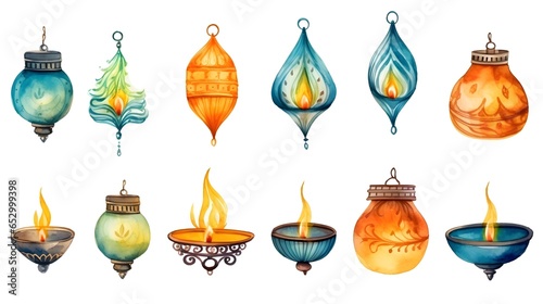 Diwali decorations, diya lamps watercolor style elements, isolated on white.