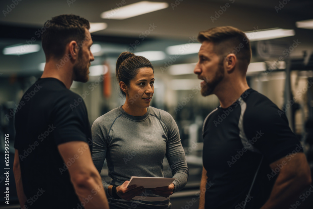 A couple receiving guidance from a personal trainer at the gym. Generative Ai A couple receiving guidance from a personal trainer at the gym. Generative Ai