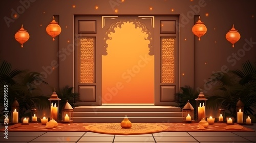 Diwali candle decorations of the home entrance. Modern house decor. photo