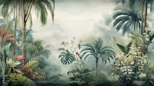 Tropical Exotic Landscape Wallpaper. Hand Drawn Design. Luxury Wall Mural