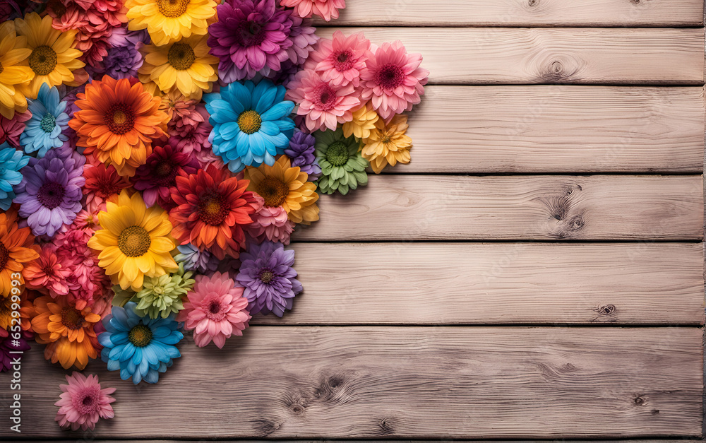 Light wood background with bright beautiful flowers in rainbow colors