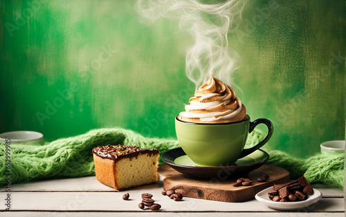 Cozy background with cup of coffee, cake and coffee beans in green color photo