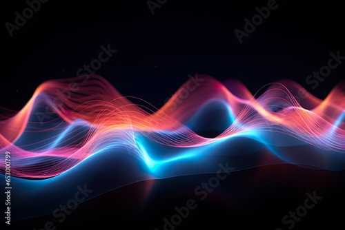 Cyber big data flow. Blockchain data fields. Network line connect stream. Concept of technology, digital communication, science research, 3D illustration music waves | Generative AI