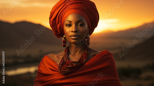 african woman with turban stands in a beautiful african sunset landscape
