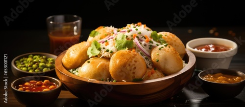 Indian street food Panipuri Golgappa is a round puri filled with flavored water and chat items against a colorful wooden backdrop Focused photo