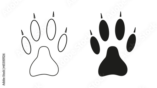 Dog, wolf, coyote or fox paw footprint with claws. Silhouette, contour. Icon. Black vector isolated on white. Paw print of a wild animal, jackal, bulldog, shepherd, bull terrier, retriever rottweiler