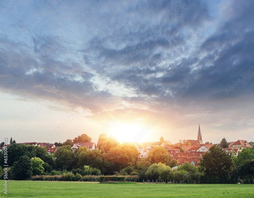 Fototapeta premium Freiberg am Neckar On the Sunset. Small European town in Baden Wurttemberg, Germany, Europe. Nekar river, southwestern Germany