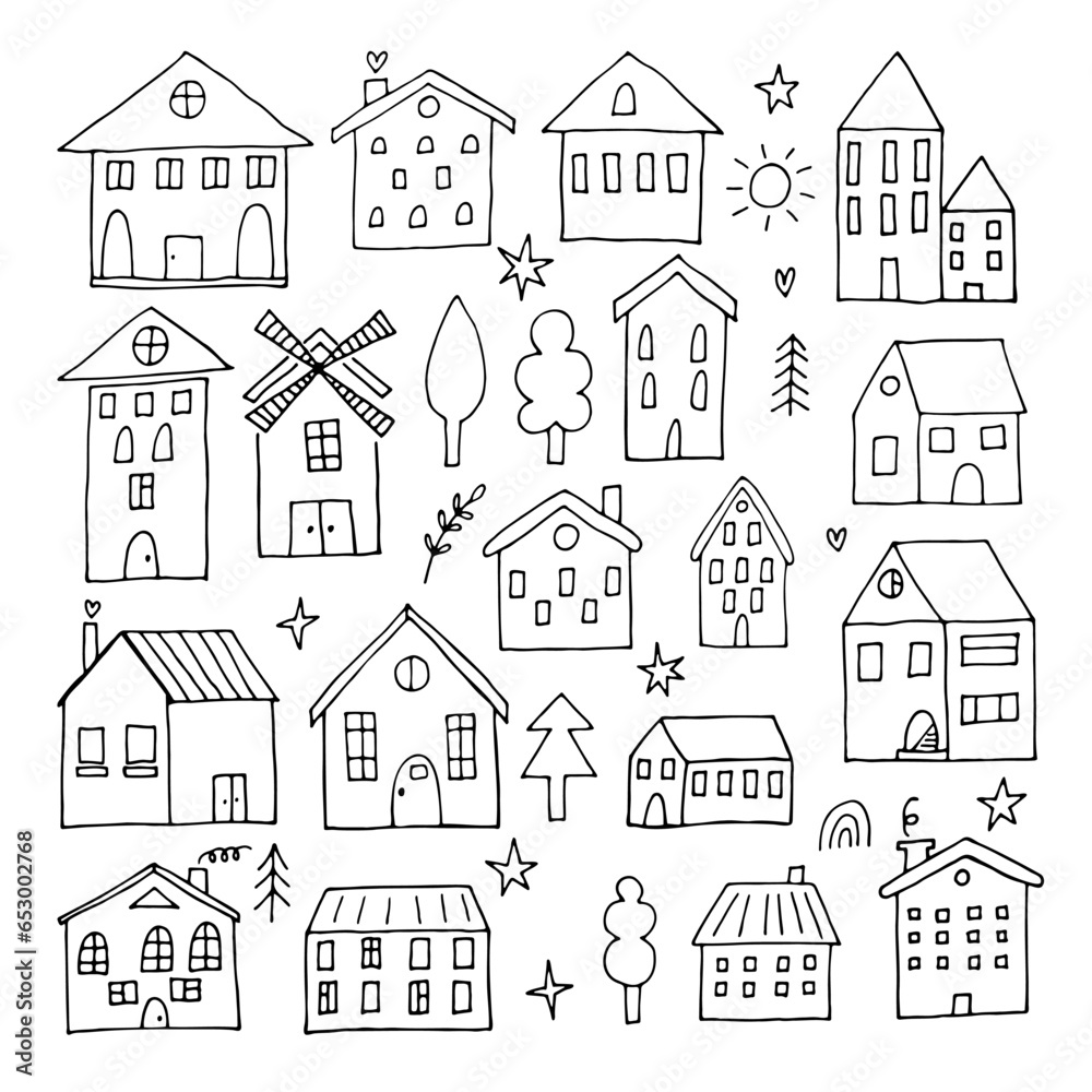 Collection of hand drawn houses. Doodle style. Set of sketched buildings