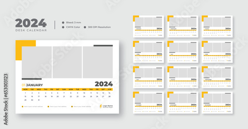 Desk calendar design template 2024, New Year 2024 table calendar, Monthly planner design in corporate and business style, 12 months included