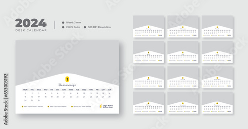 Desk calendar design template 2024, New Year 2024 table calendar, Monthly planner design in corporate and business style, 12 months included