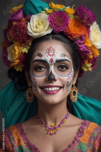 Young Mexican woman with face painted for carnival celebrations, smiling with flower decorations, day of the dead festival, generative AI © DigitalCanvas