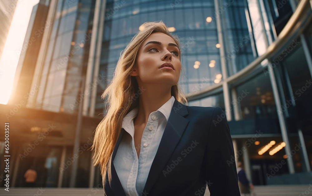 A young and confident business woman is walking gracefully amidst the towering office buildings. Generative AI A young and confident business woman is walking gracefully amidst the towering office buildings. Generative AI
