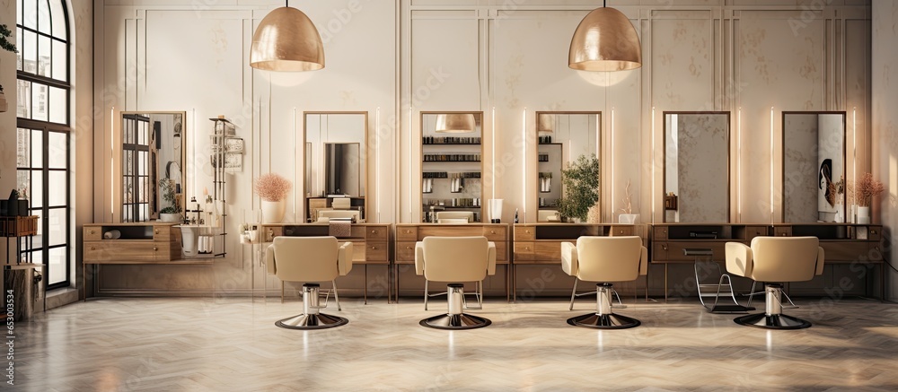 Luxurious salon with panoramic views offers spacious hair services - obrazy, fototapety, plakaty 