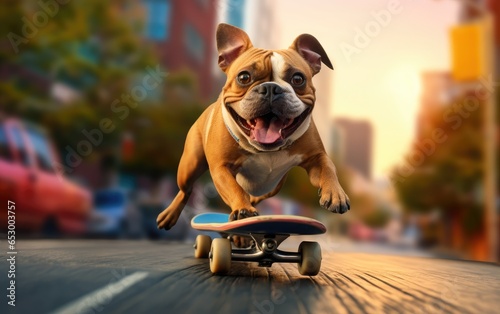 Playful pup in an exciting skateboarding adventure on the neighborhood streets. Generative AI