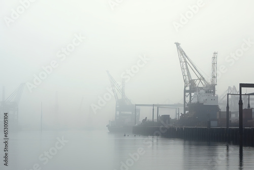 Port in fog. Panorama of longitudinal of Maritime logistics Center