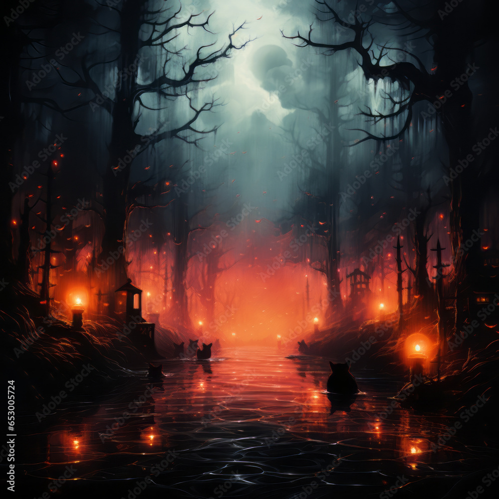 In the style of a witches' coven, amidst a misty forest, black cats