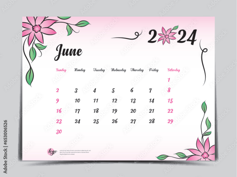 Calendar 2024 template on pink flowers background, June 2024 template
