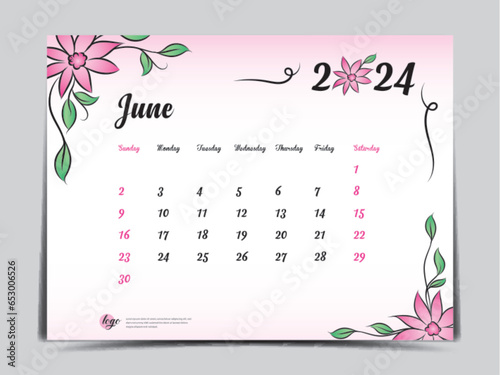 Calendar 2024 template on pink flowers background, June 2024 template, Monthly calendar planner artwork, Desk calendar 2024 design, Wall Calendar design, Poster, simple, vector eps10