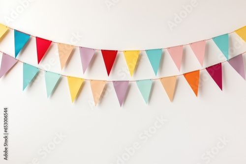 Colorful holiday flags in the form of a garland on the wall. The garland hangs in two rows. Congratulatory background with place for text. Holiday concept