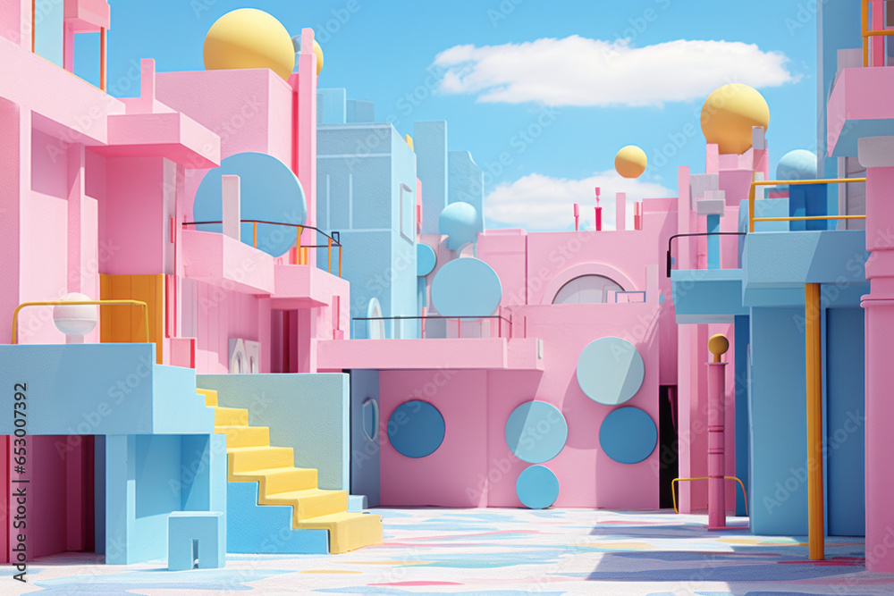 Futuristic architecture in pastel shades of pink, blue and yellow with a clear sunny sky in the background.