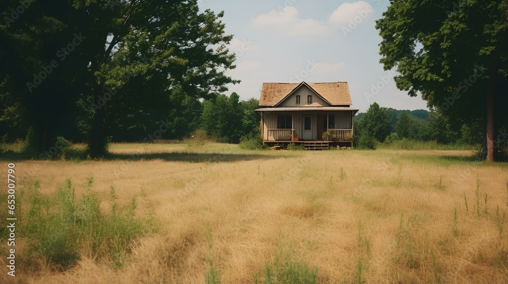 Brown wooden house in the middle of grass field. a tranquil and peaceful landscape of the countryside and a friendly wooden cabin. generative AI Brown wooden house in the middle of grass field. a tranquil and peaceful landscape of the countryside and a friendly wooden cabin. generative AI