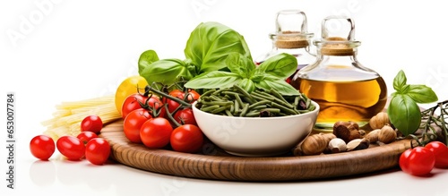 Mediterranean cuisine displayed on a round wicker tray featuring fresh basil tomatoes parmesan olives olive oil spices and spaghetti pasta set against a white background