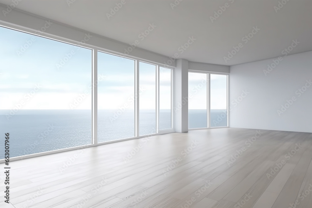 Obraz premium Empty large space with a sea view. Generative AI