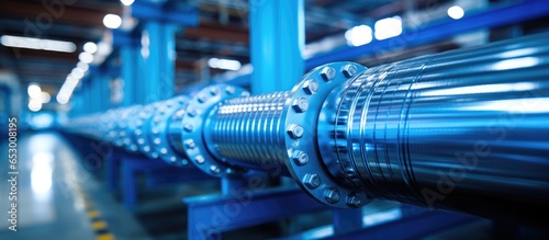 Close up photo of a water steel pipe with a flange pipe fitting focused on drinking water piping photo