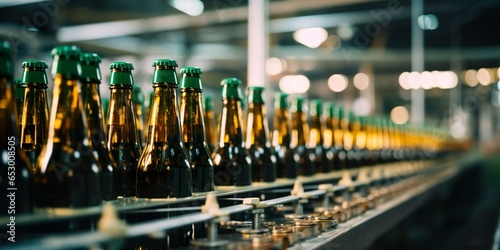 Beer bottles filling on the conveyor belt in the brewery factory   Generative AI